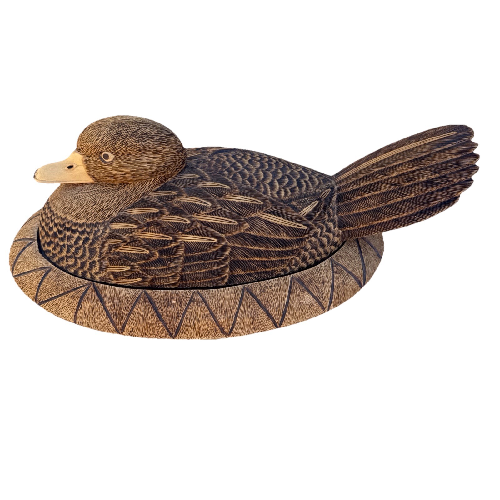 Vintage Hand Carved Wood Duck Trinket Box Folk Art Keepsake Detailed Feather