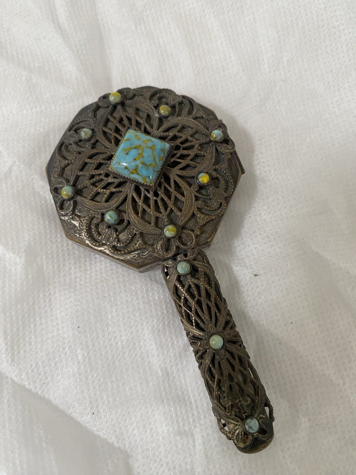Antique Filigree Compact Mirror Lipstick Holder Turquoise Glass Stone Early 1900