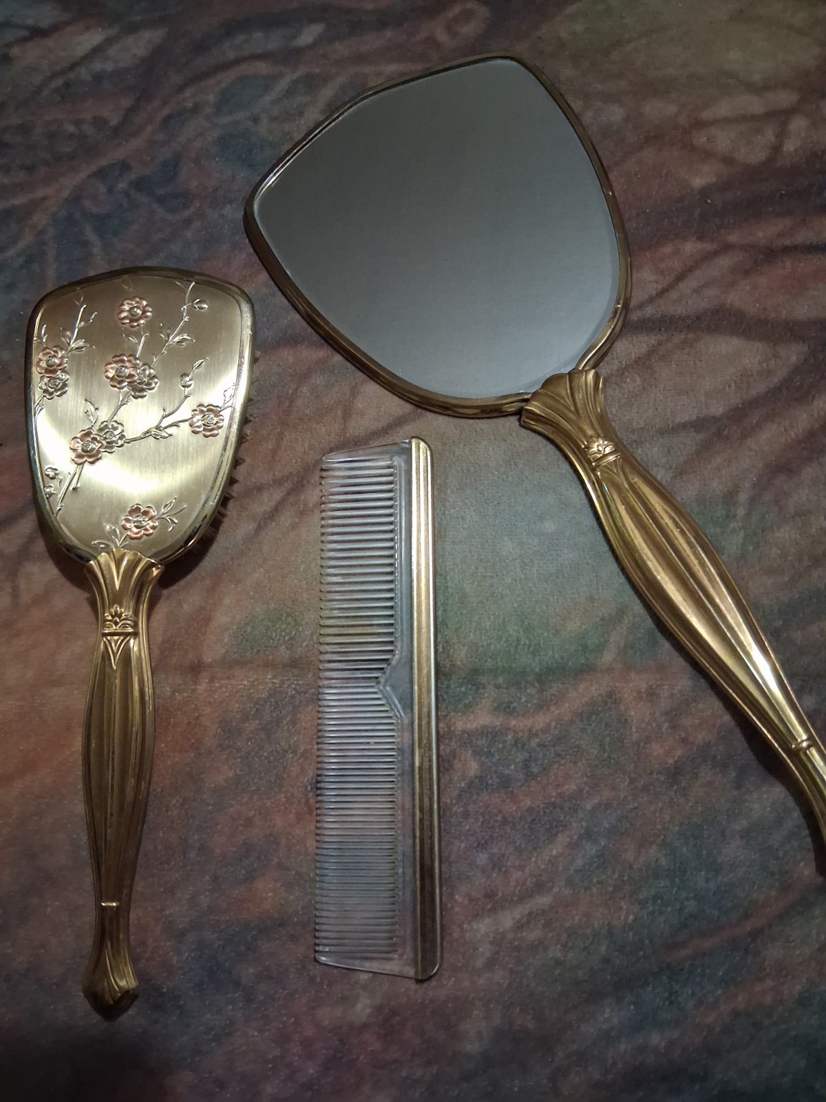 vintage 1950s Vanity set, 3 pc, mirror brush comb goldtone floral