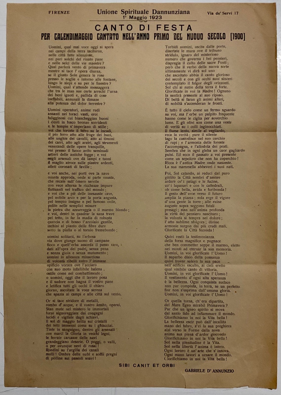 GABRIELE D’ANNUNZIO CANTO DI FIESTA FLYER SPIRITUAL UNION DANNUNZIANA 1923