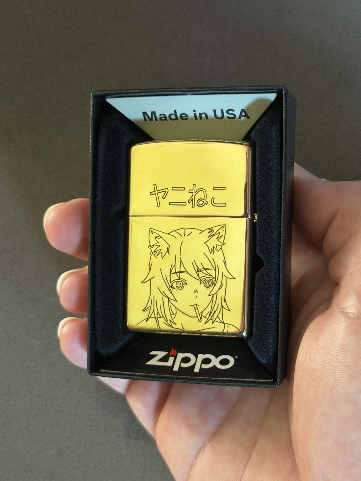 Brass Lighter with Anime Smoking Cat Girl Engraving Line Art Authentic Zippo USA