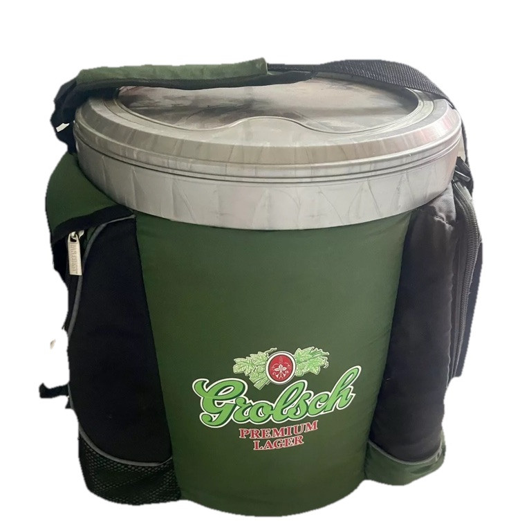 Vintage Grolsch Beer Cooler Round Hinged Lid Heavy Duty w/ Zip Pockets Promo 14”