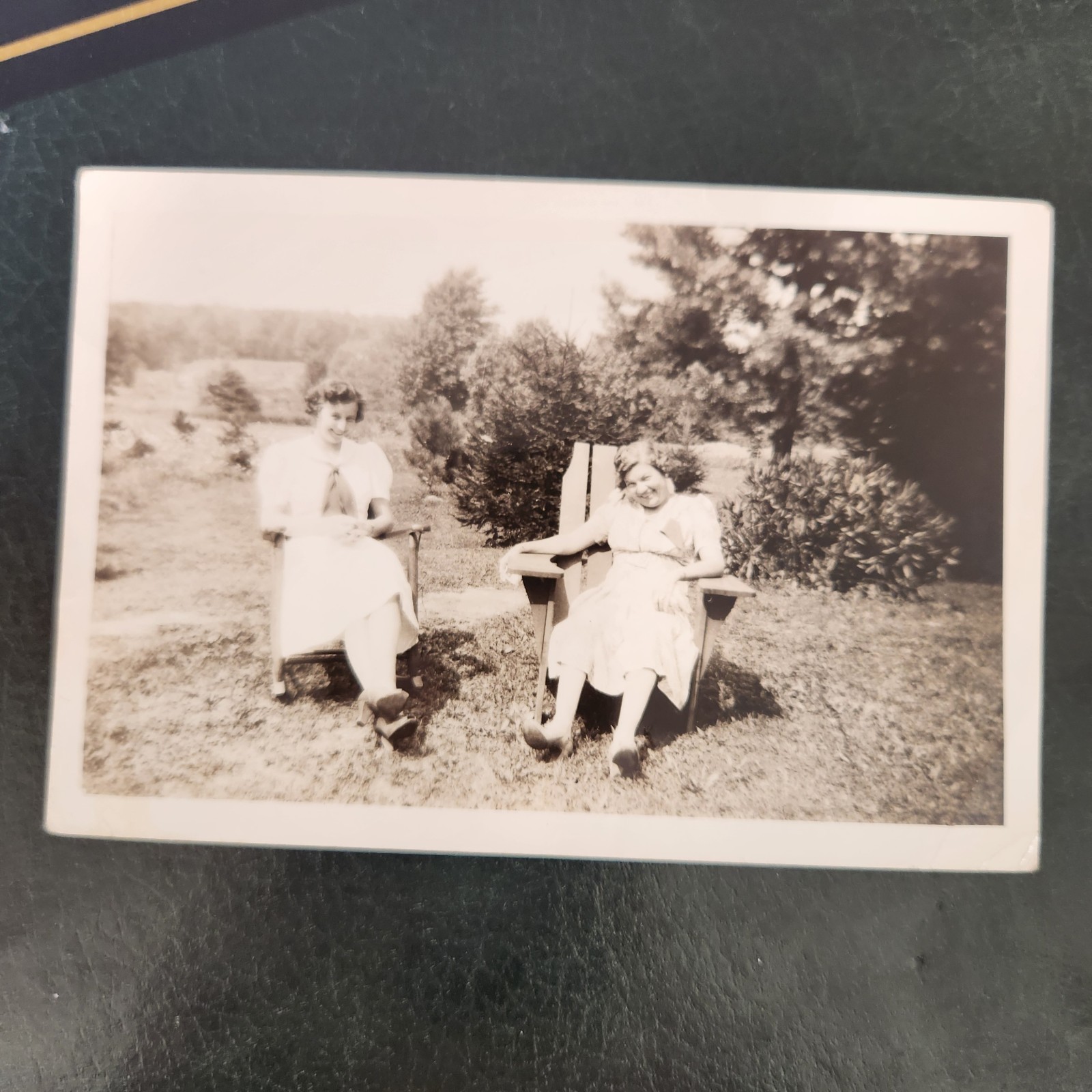 VTG 30s 40s Snapshot Women Laughing Sitting Outside Adirondack Chairs WWII Era