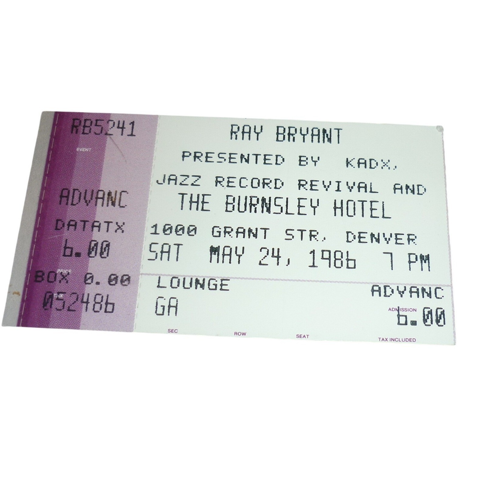 Vintage 1986 Ray Bryant Jazz Concert Ticket Stub The Burnsley Hotel Denver KADX