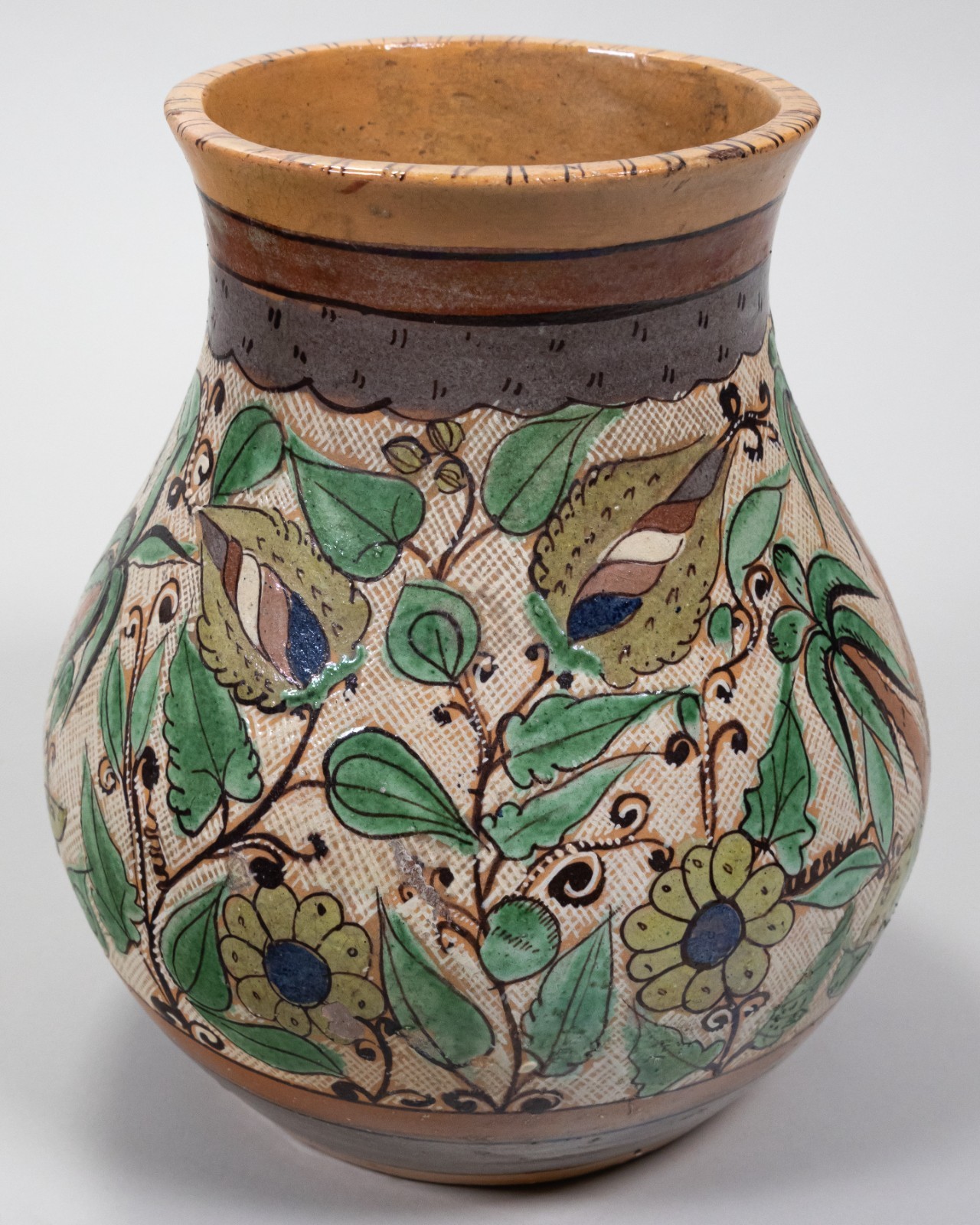 1920/30\'s Tlaquepaque Mexican Palm Trees and Flowers Vase w/ Petatillo