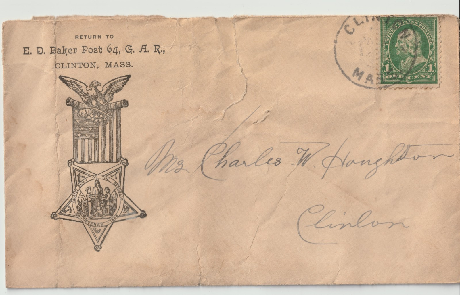 Civil War GAR, E.D. Baker Post 64, Clinton MA Illustrated Cover 1c Franklin 