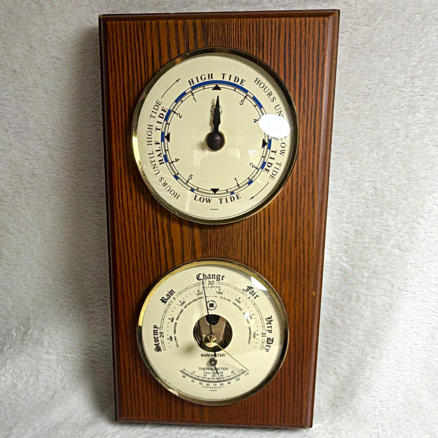 Bey-Berk International Wall-Mount Tide Clock Barometer Thermometer Woodgrain