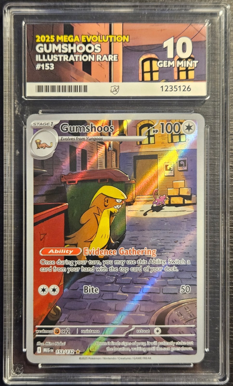 ⭐Ace 10 Perfect Subgrades Gumshoos 153/132  ⭐Mega Evolution Secret Rare Card