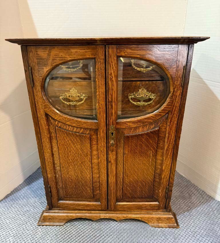 Antique OAK  PIPE SMOKERS CABINET W/ BEVELED GLASS DOORS - ENGLAND