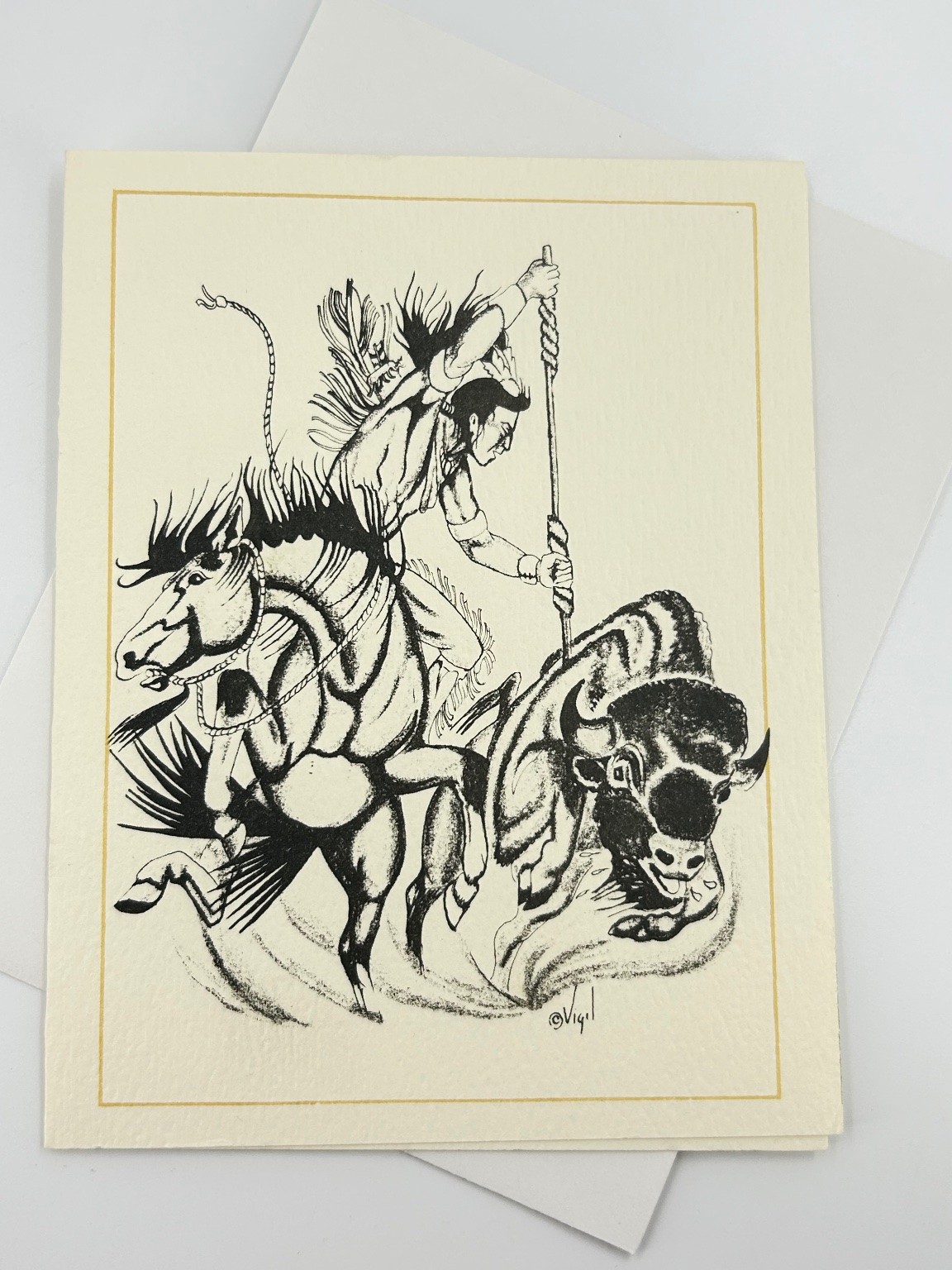Vintage Frank Vigil Native American Apache Warrior Buffalo Hunt Art Card 1979