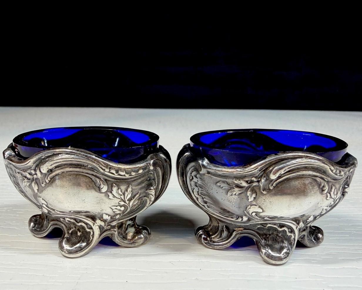 Pair Antique Ornate Silverplate Footed Open Salt Cellars Cobalt Glass Inserts