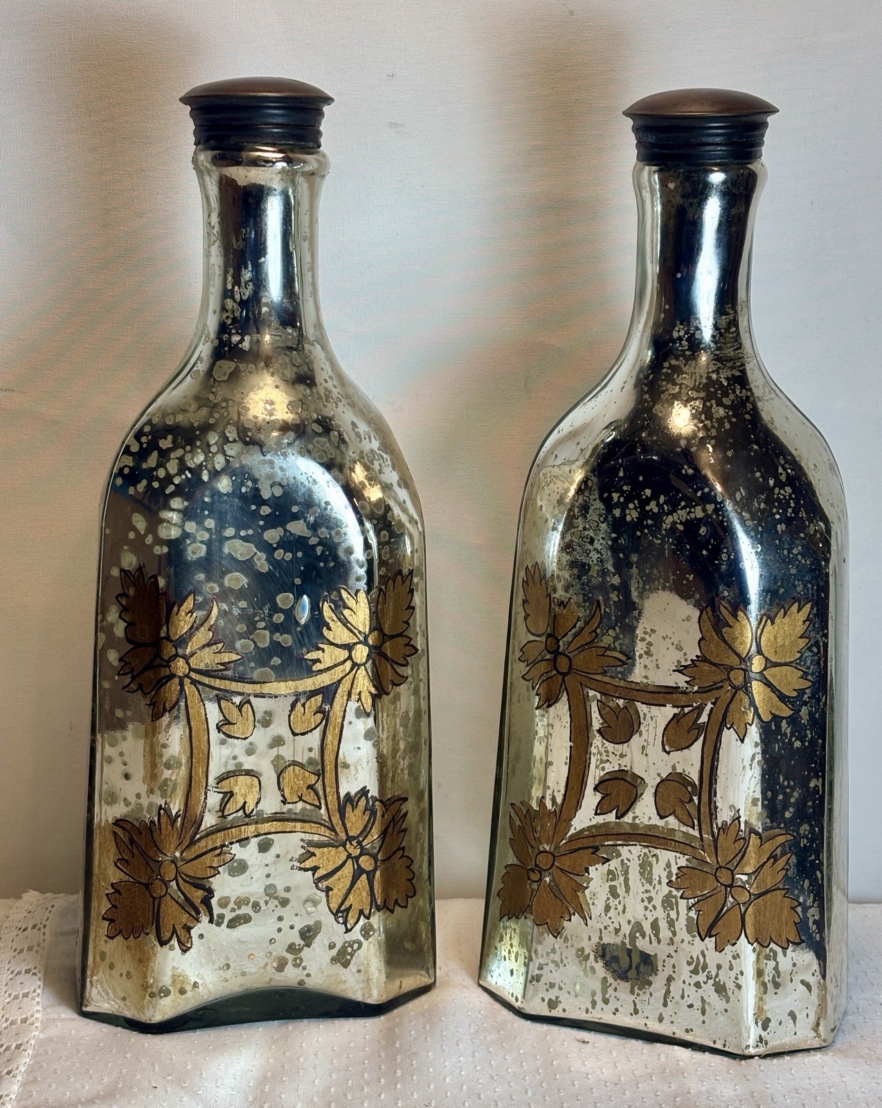 2 Vintage French Bistro Mercury Glass Lidded Bottles w Handpainted Gold Details