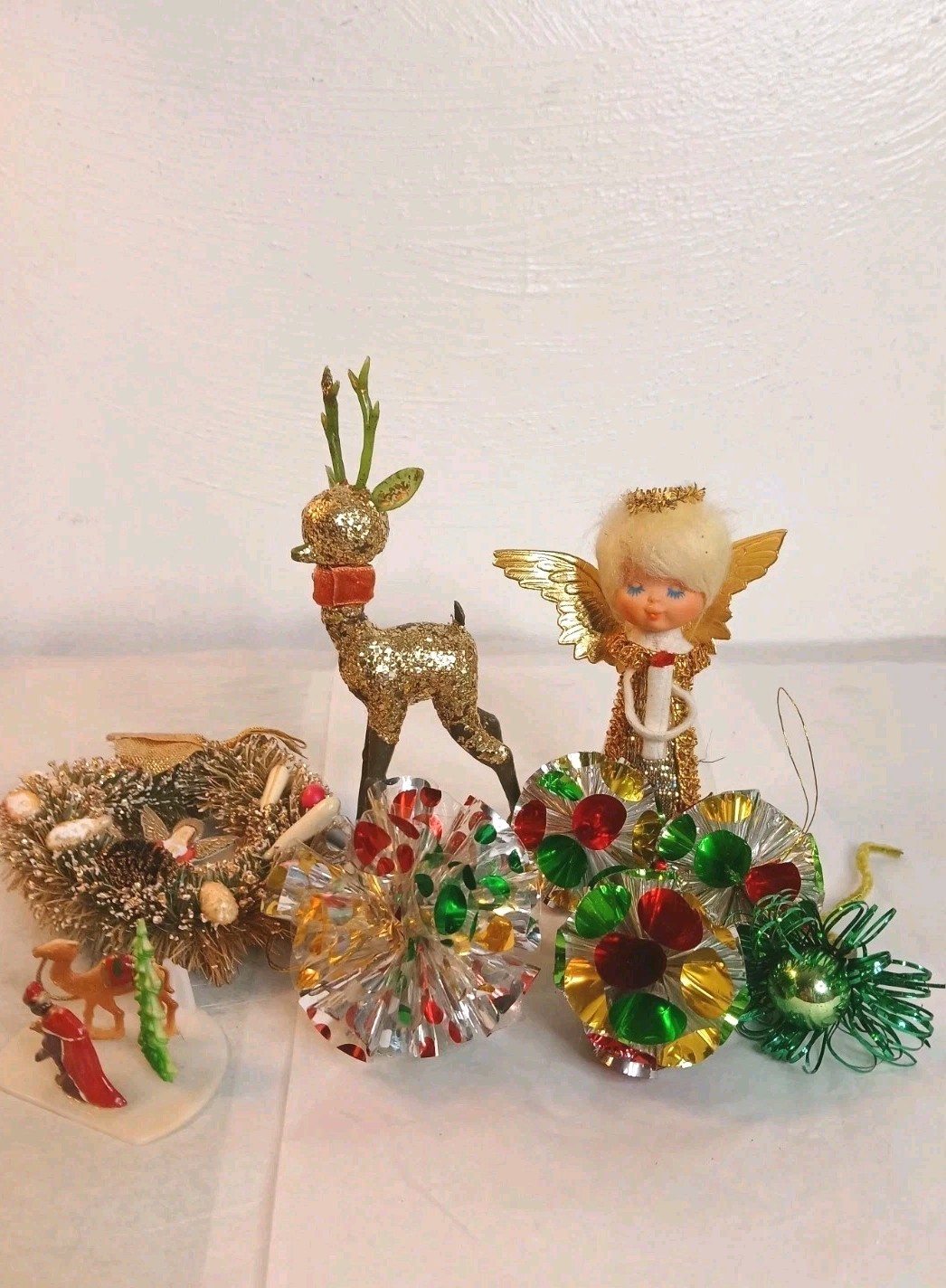 Vintage Christmas Lot Reindeer Celluloid Mica Mercury Glass Foil Ornament Kitsch