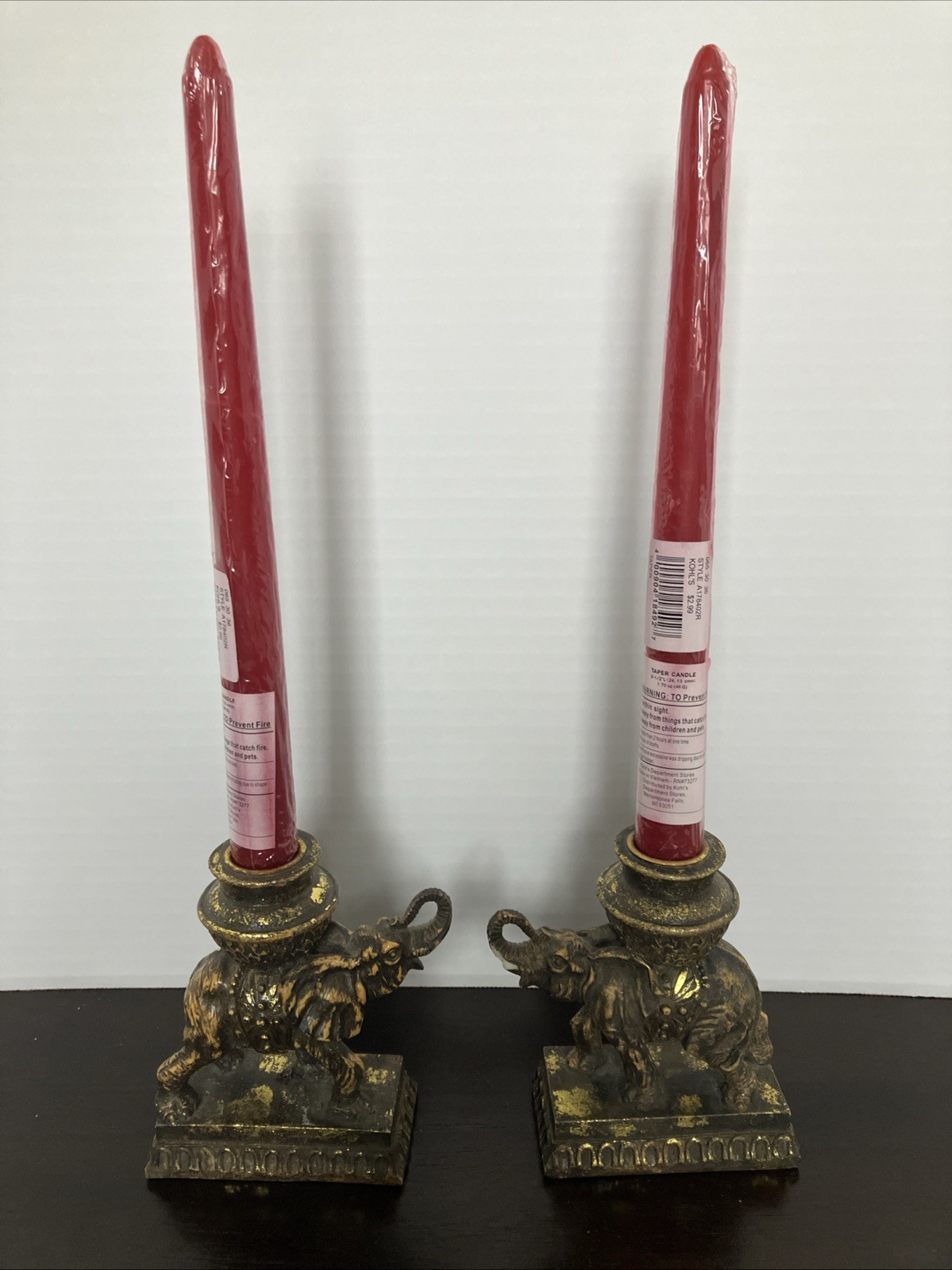 Vintage-Style Patina Elephant Candlestick Holders with Red Taper Candles – Pair