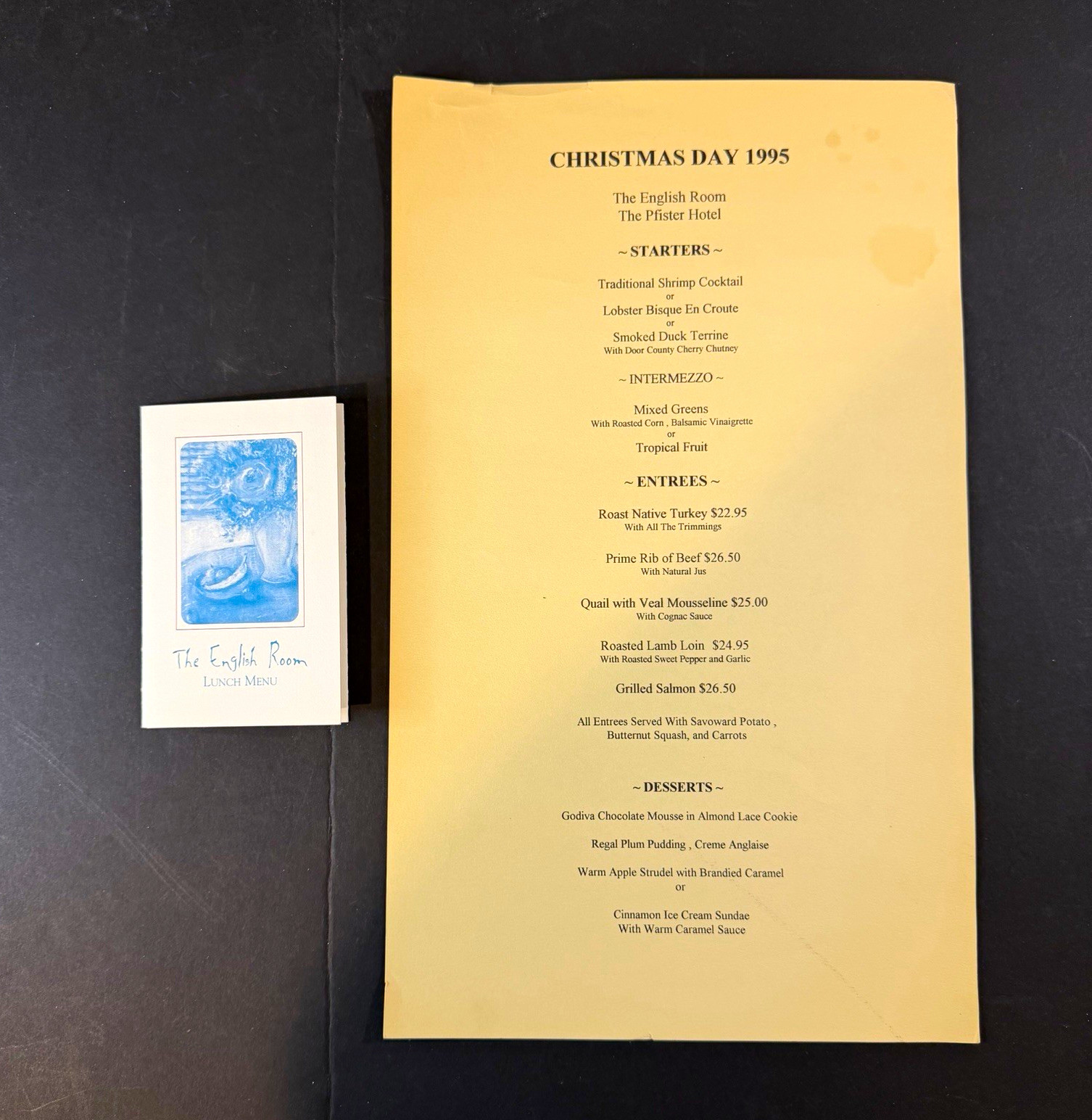 Vtg. 1995 Pfister Hotel English Room Christmas Menu Milwaukee WI + Lunch Menu