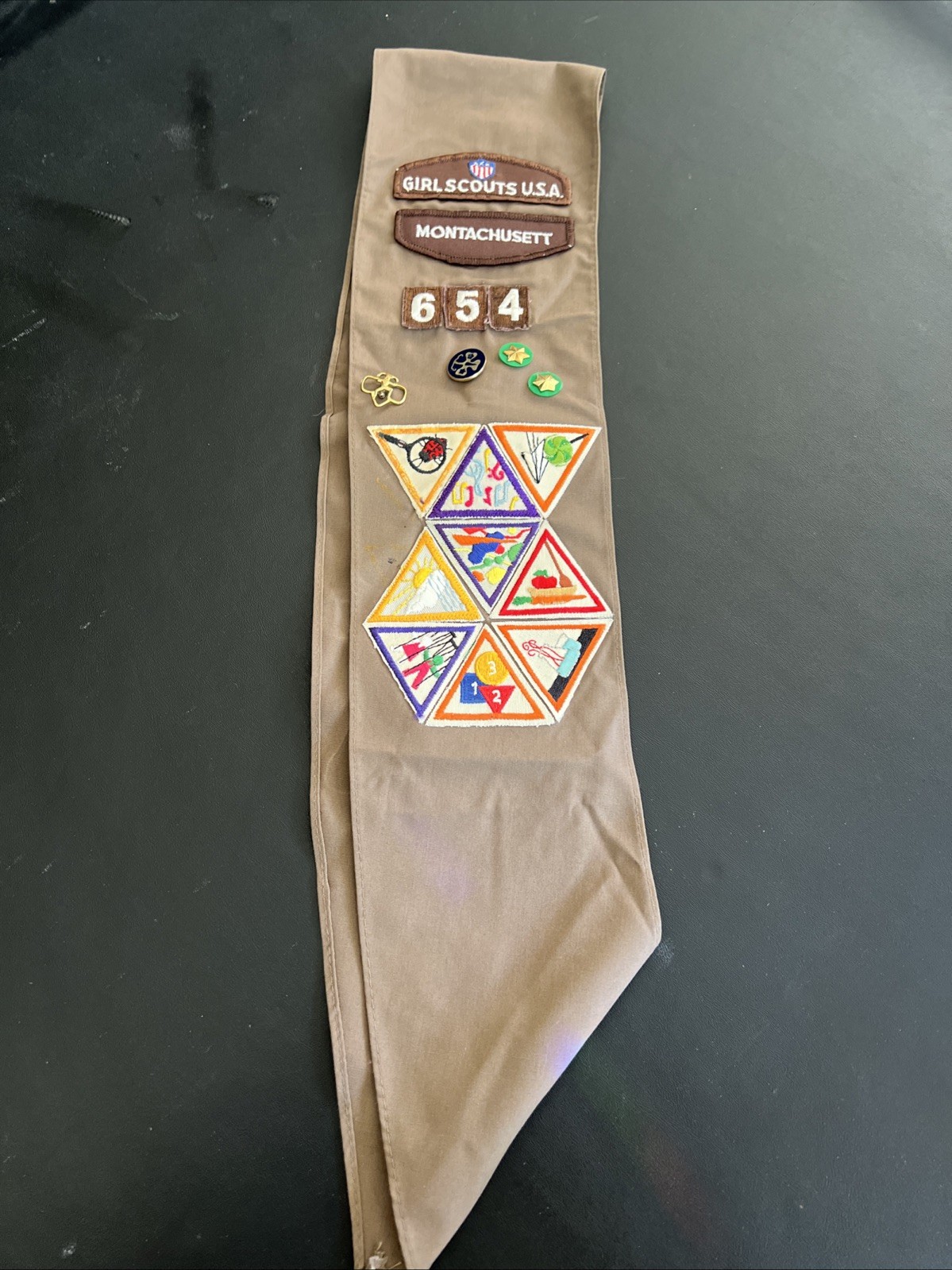 Vintage Girl Scouts/Brownie Montachusett Sash W/ 18 Patches And 4 Pins
