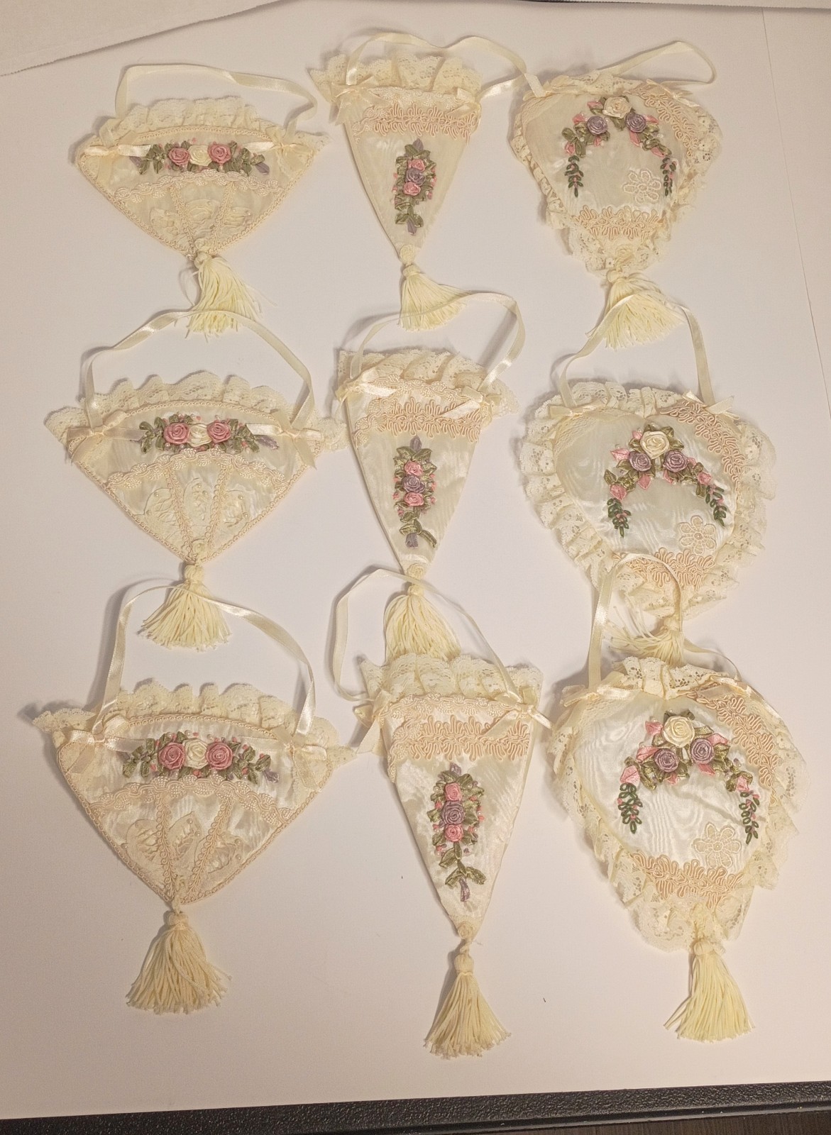 VTG Lot of 9 Satin Lace Ribbon Ornaments Grannycore CottageCore Shabby Chic