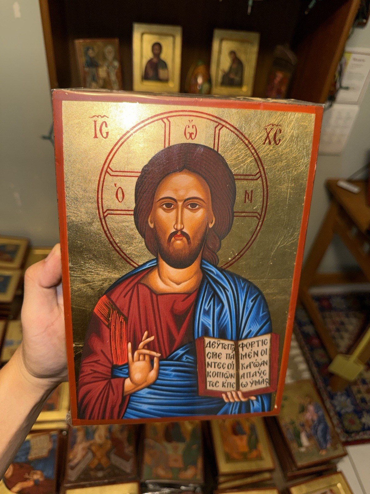 Christ Blessing Orthodox Icon Gold Leaf Flat Wood (handmade)  18x25cm