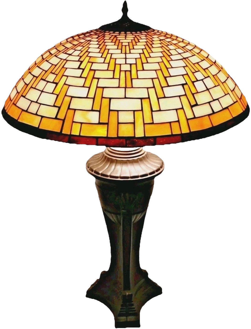 Large Vintage Arts & Crafts Basket Weave Stained Glass Bronzed Metal Table Lamp