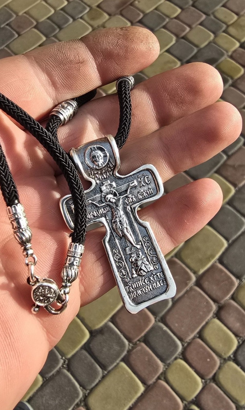 Russian Greek Orthodox Silver 925 Body Cross with silk cord