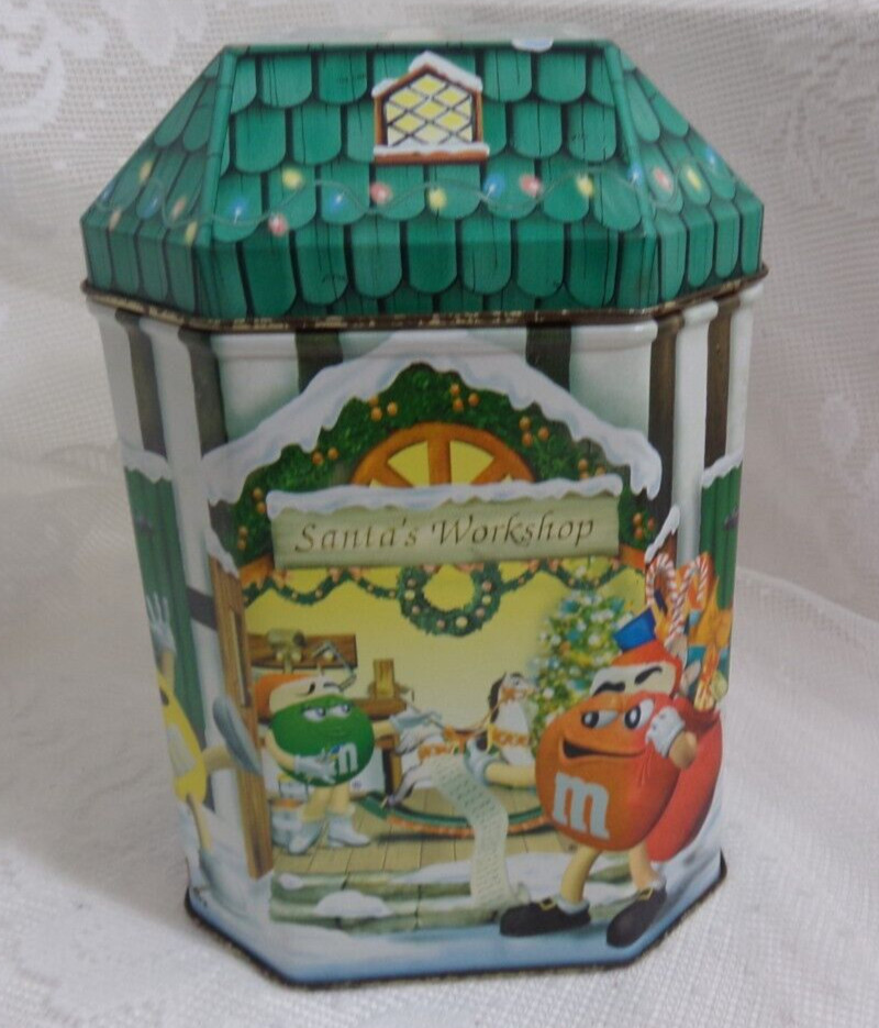 Vintage M&M\'s Santa\'s Workshop Advertising Tin Can with Lid Christmas Holiday