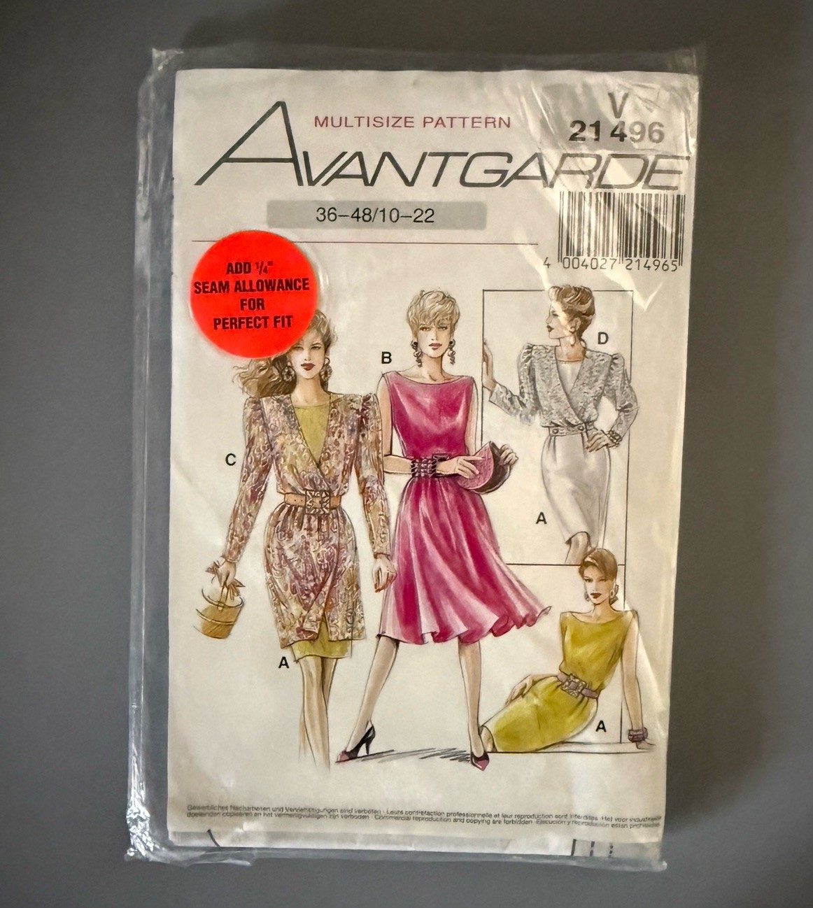 Vintage 1980s German Avantgarde Sewing Pattern V21496 Dress Jacket New Sz 10-22