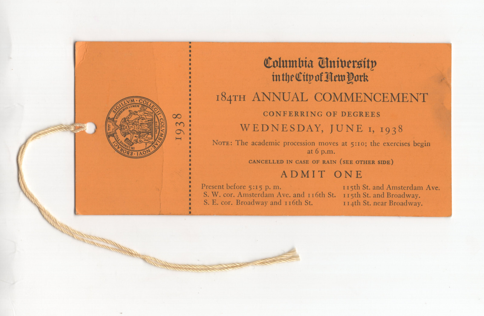 Vintage June 1 1938 Columbia University NY Commencement Ticket Pass Stub