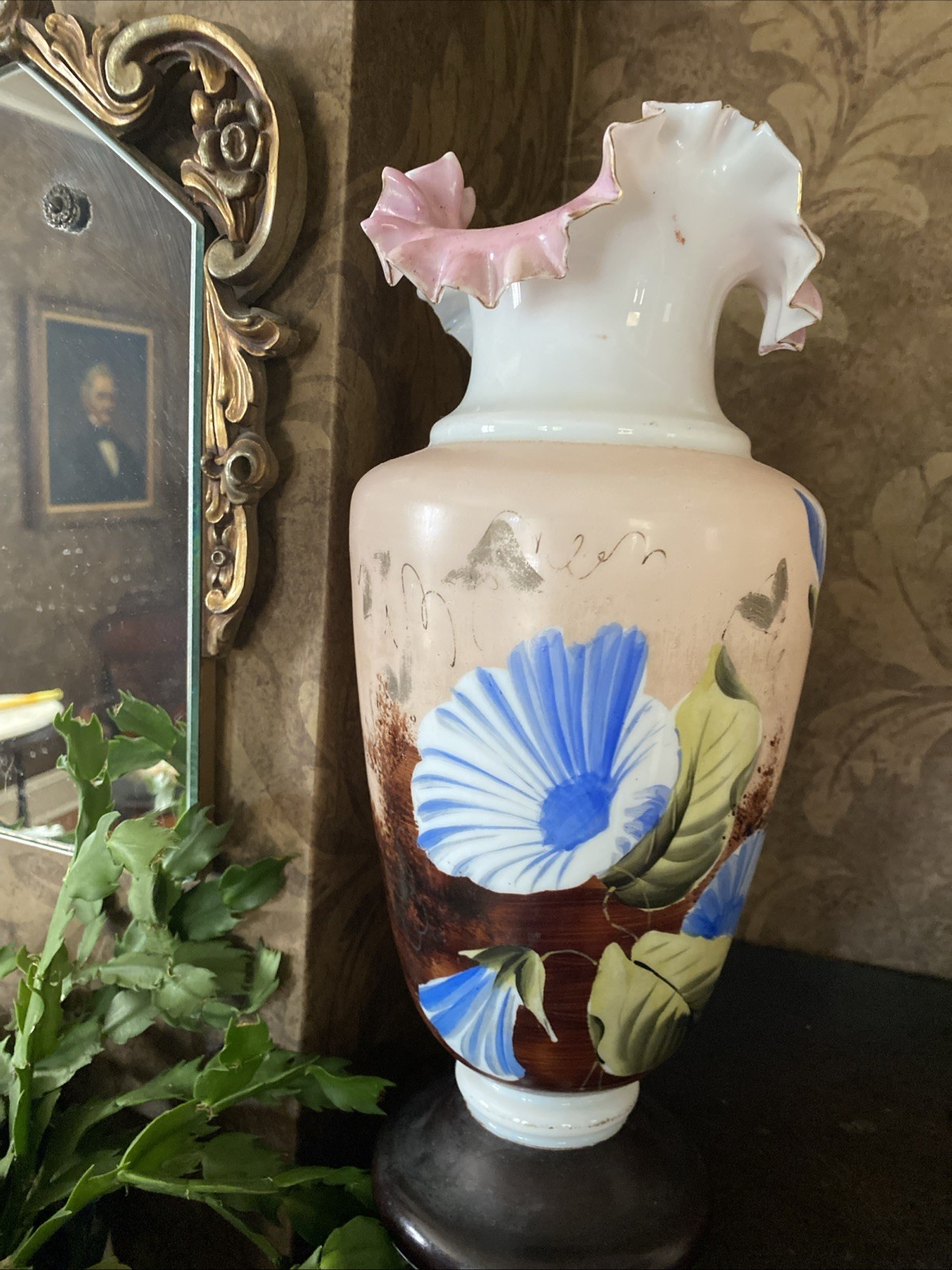 Striking French? Bristol? Victorian Opaline Pink Ruffled Vase Morning Glory 14