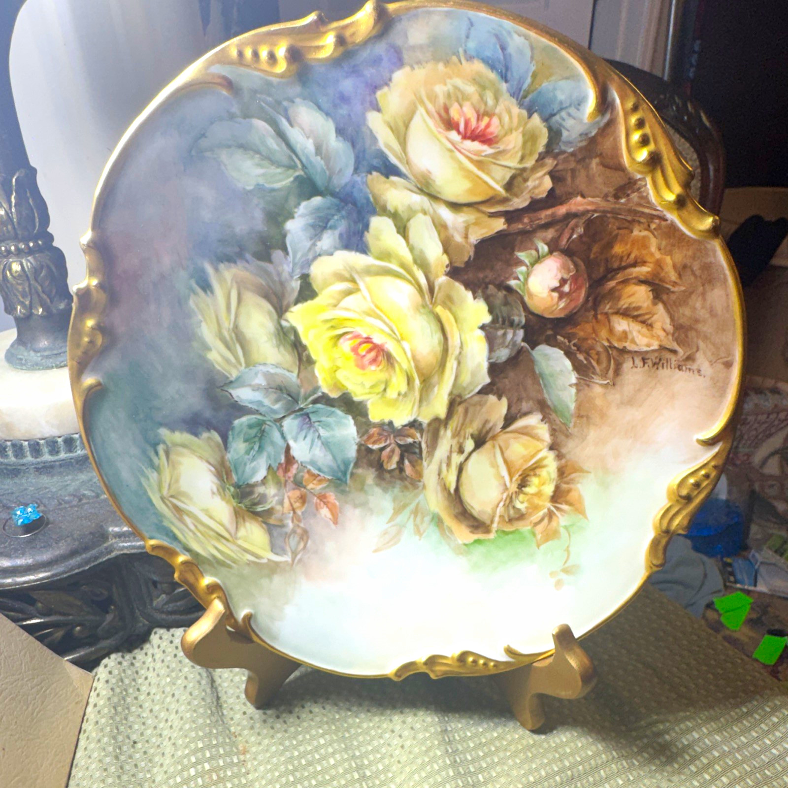 Hand-painted porcelain plate titled \'Yellow Roses\' by J. F. Williams