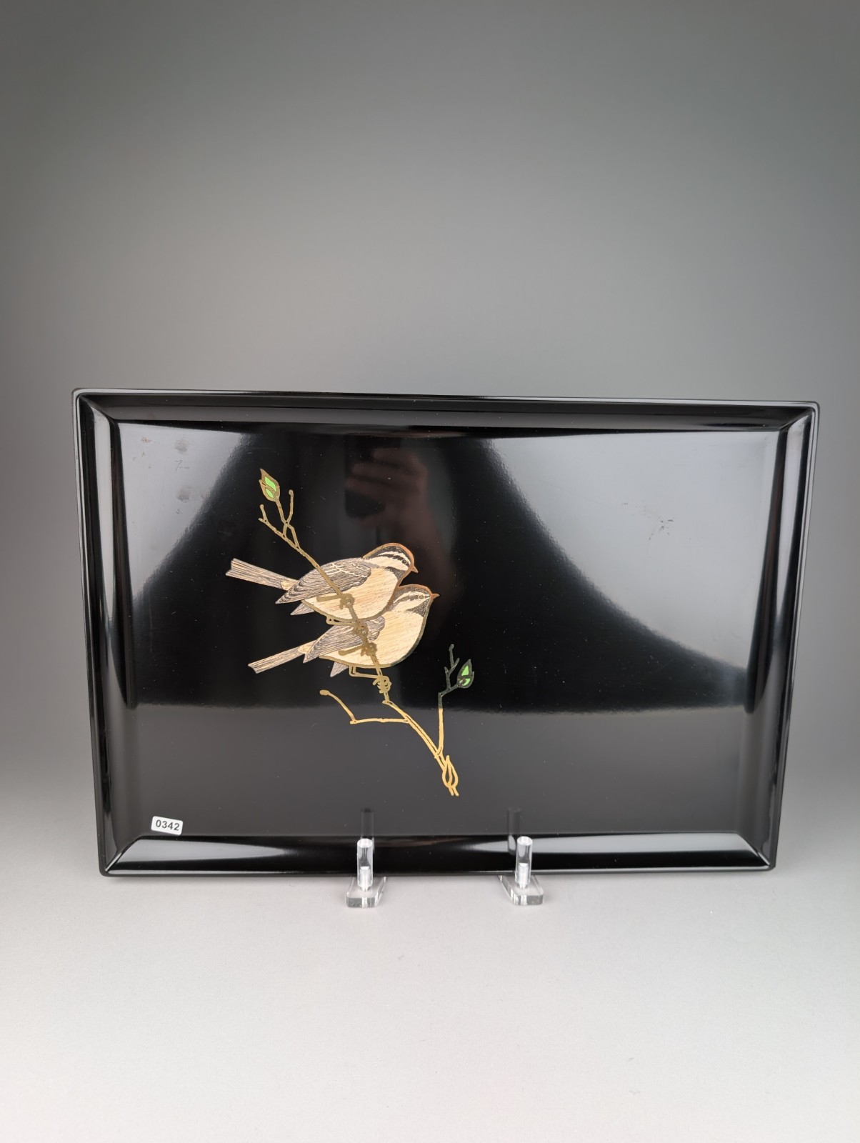 Vintage Couroc of Monterey Tray - Two Birds Songbirds Brass Branch Inlay 17.5