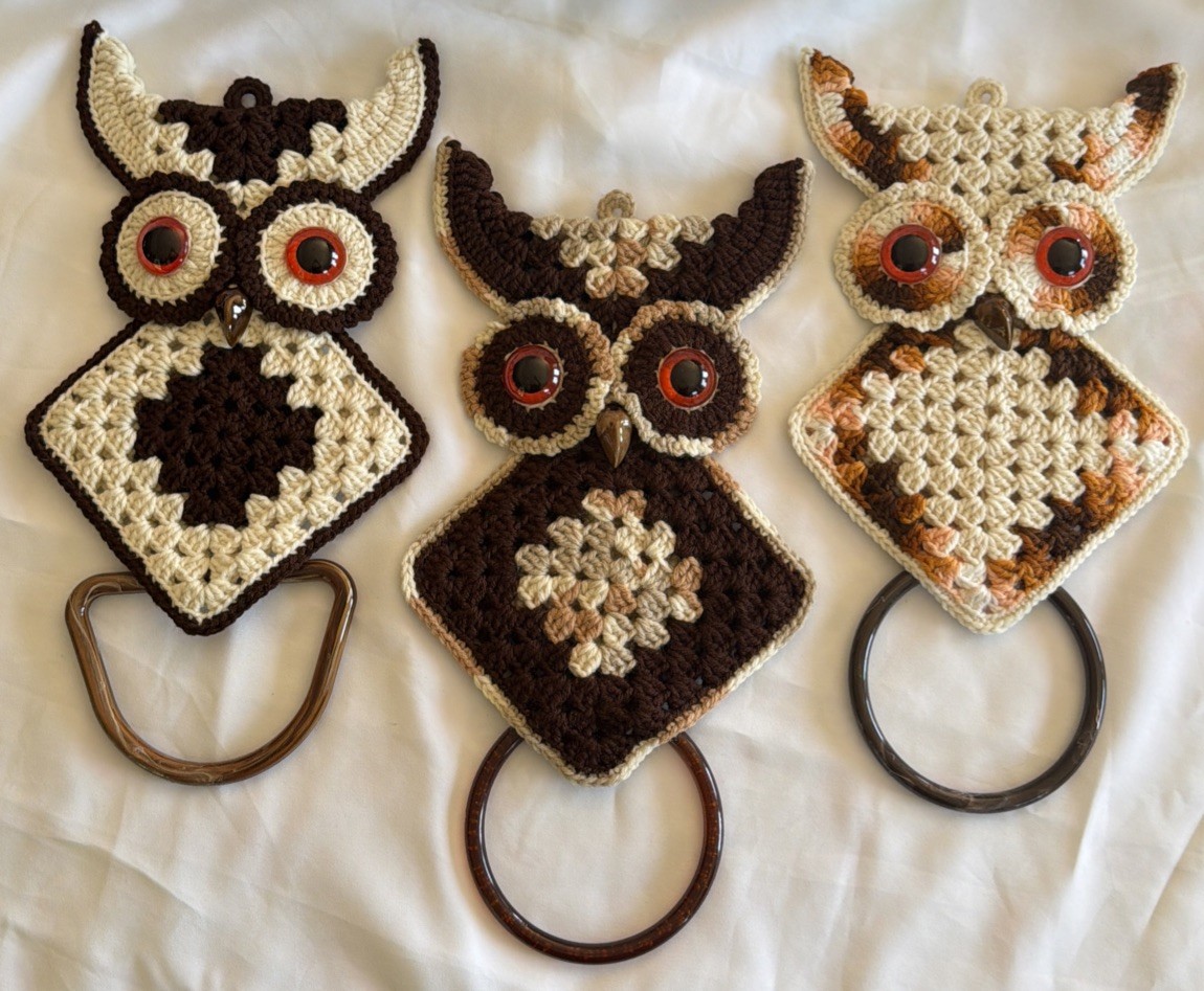 3- MCM Owls. Vintage Handmade Crochet OWL Towel Holders/Wall Decor. Excellent.