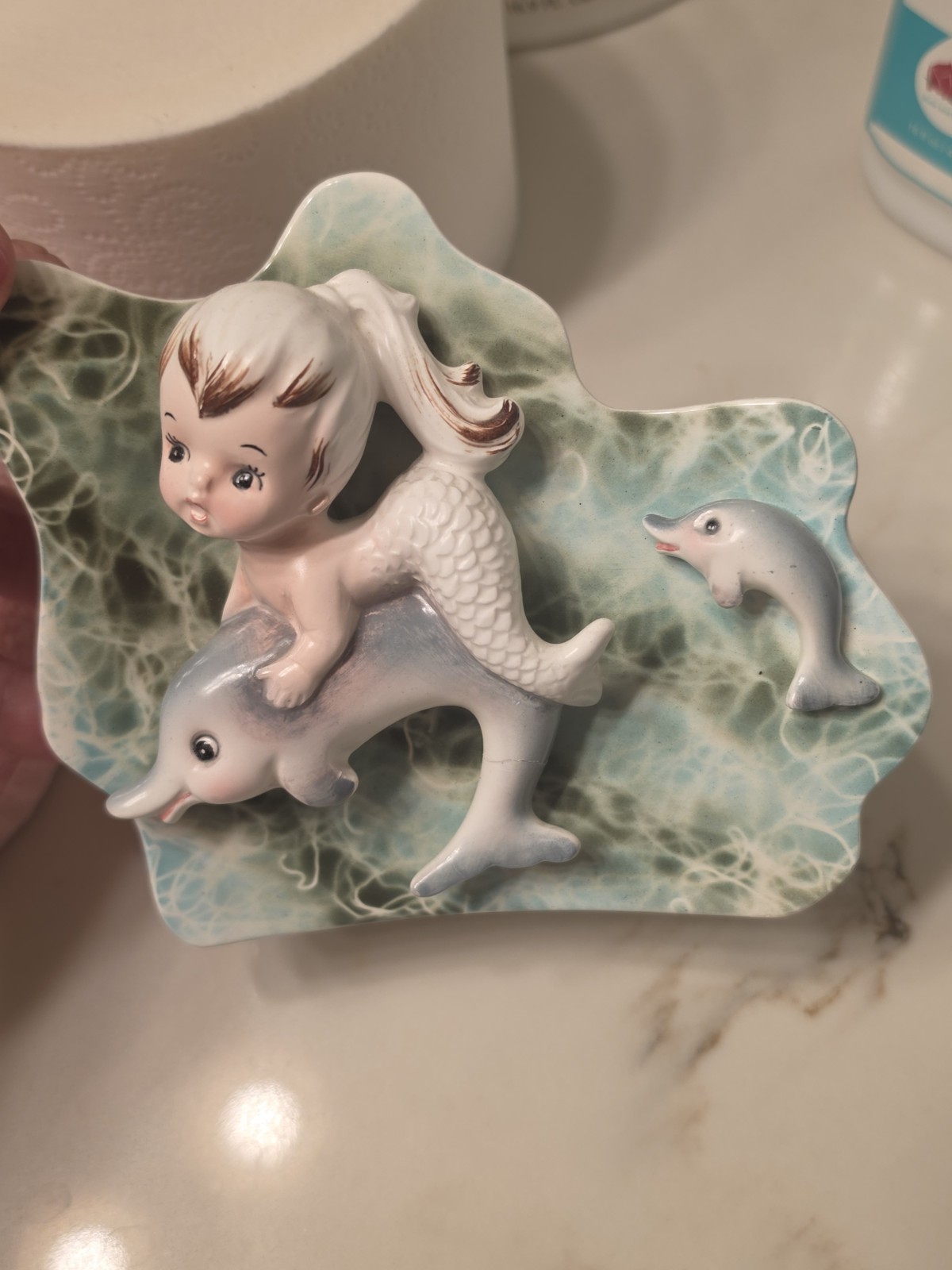 Vintage ENESCO MERMAID GIRL ON DOLPHIN Anthropomorphic Ceramic Wall Hanging