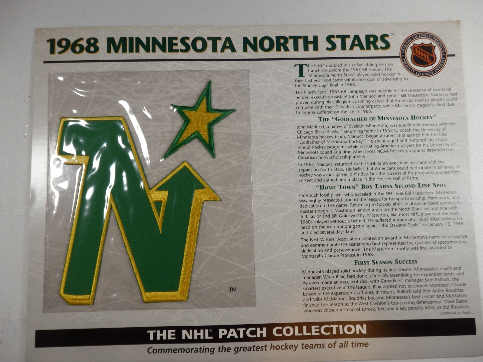 1968 Minnesota Norrh Stars NHL Patch Collection 10 x 13 Card Flat Ship w/Sleeve