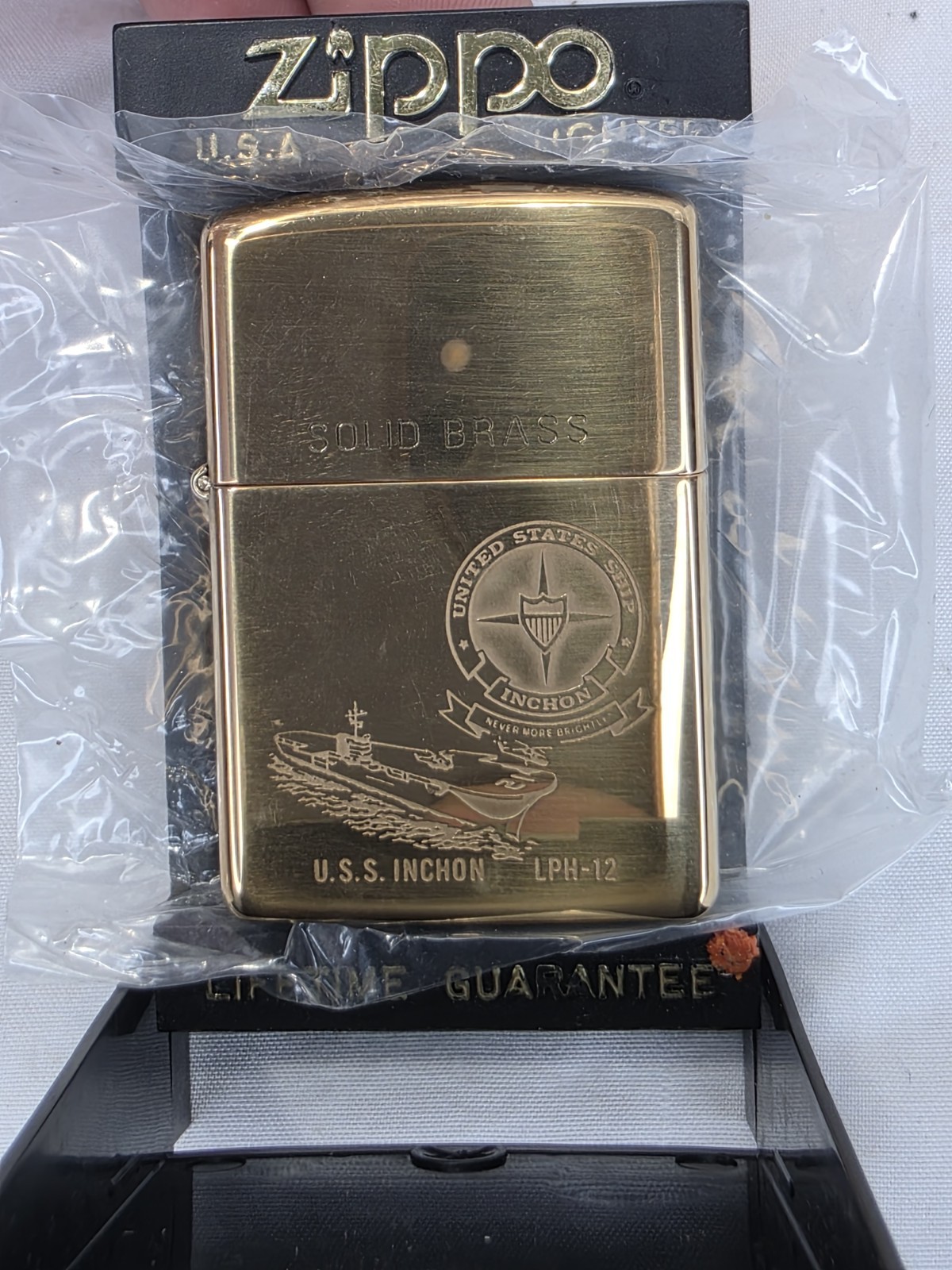BRASS Vintage U.S.S INCHON LPH-12 Zippo Lighter Code X
