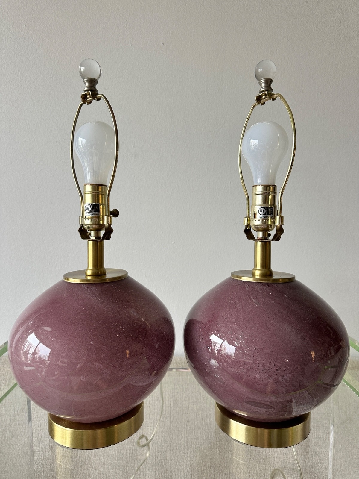 Pair Vintage Plum Purple Glass Table Lamps Brass Bases Hollywood Regency