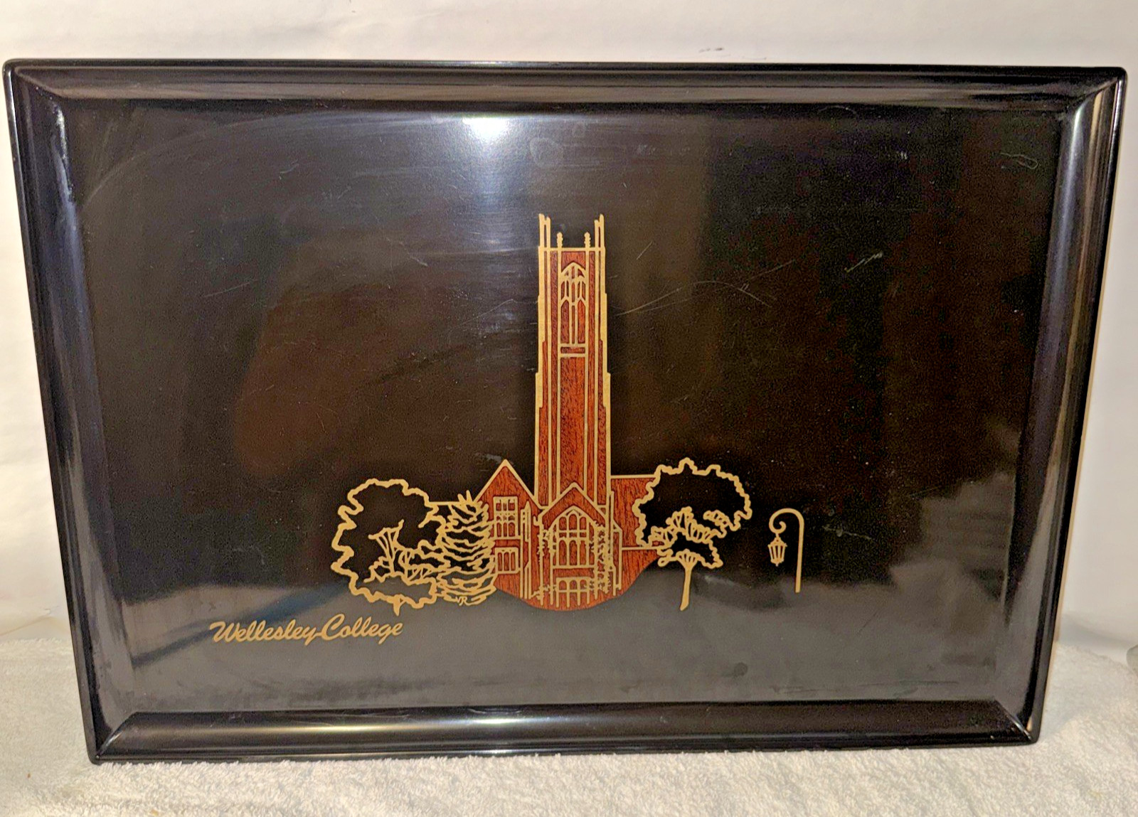 Wellesley College COUROC Tray Green Hall wood inlay large vintage MCM RARE