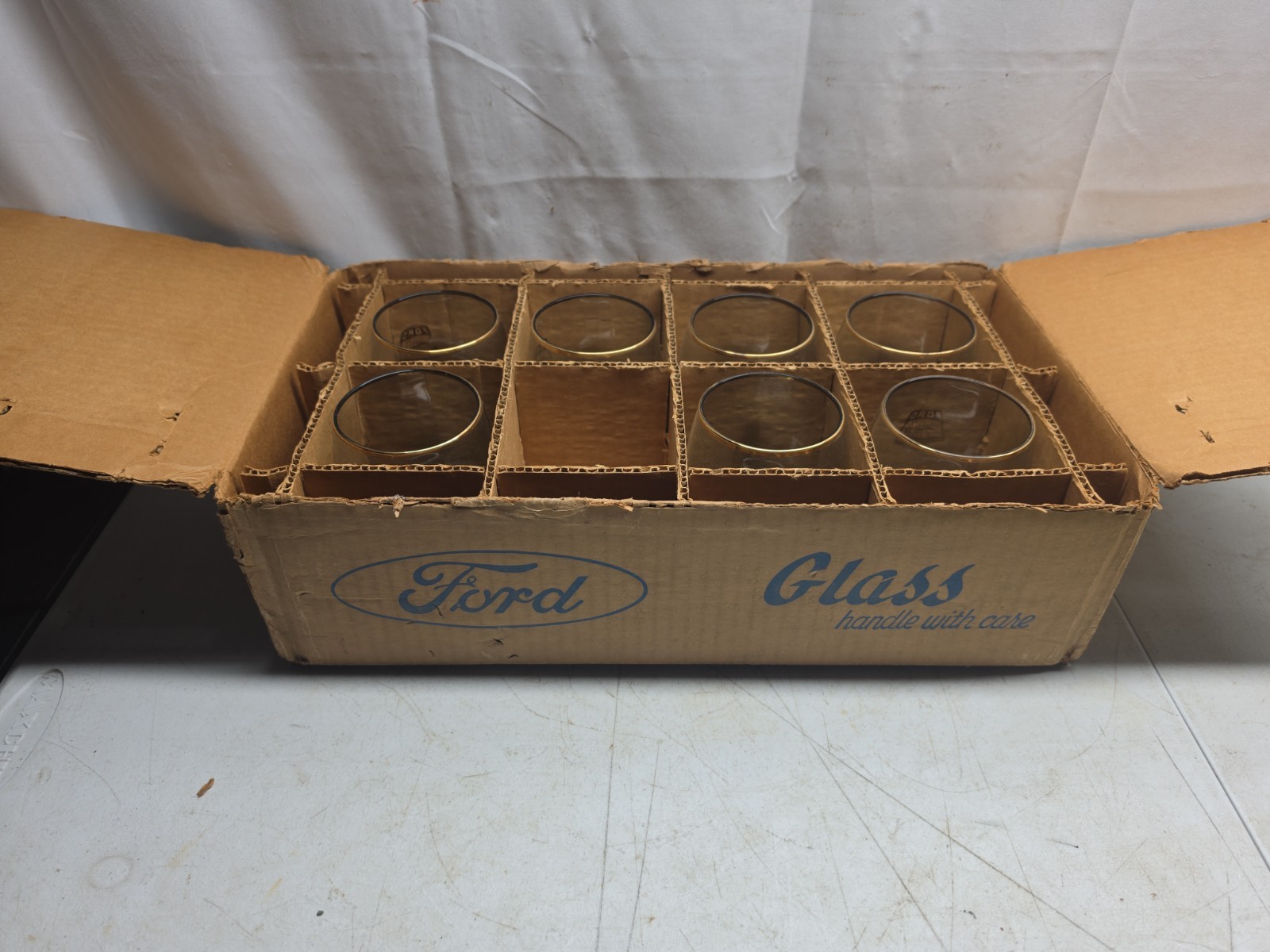 Vintage 1967 Ford Metal Stamping Glass Cups Gold Trim In Original Box
