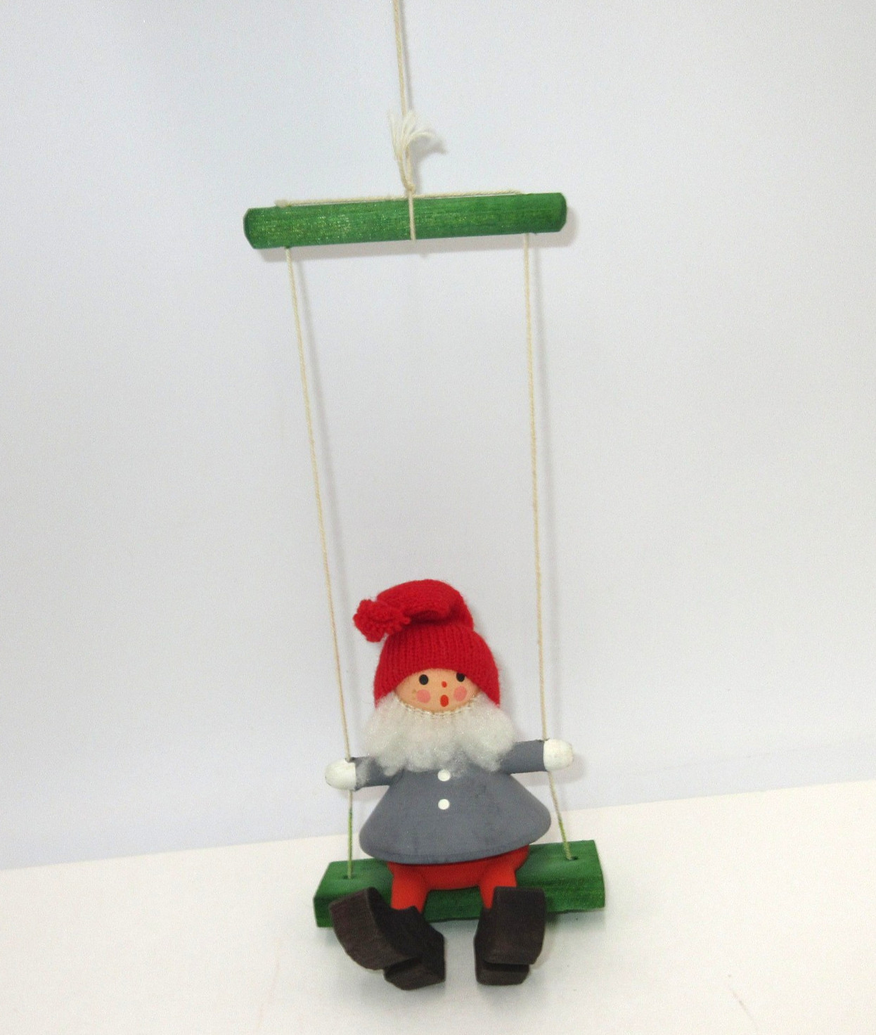 Vtg Swedish Tomte Folk Art Wooden Christmas Figure Ornament on Swing Sweden