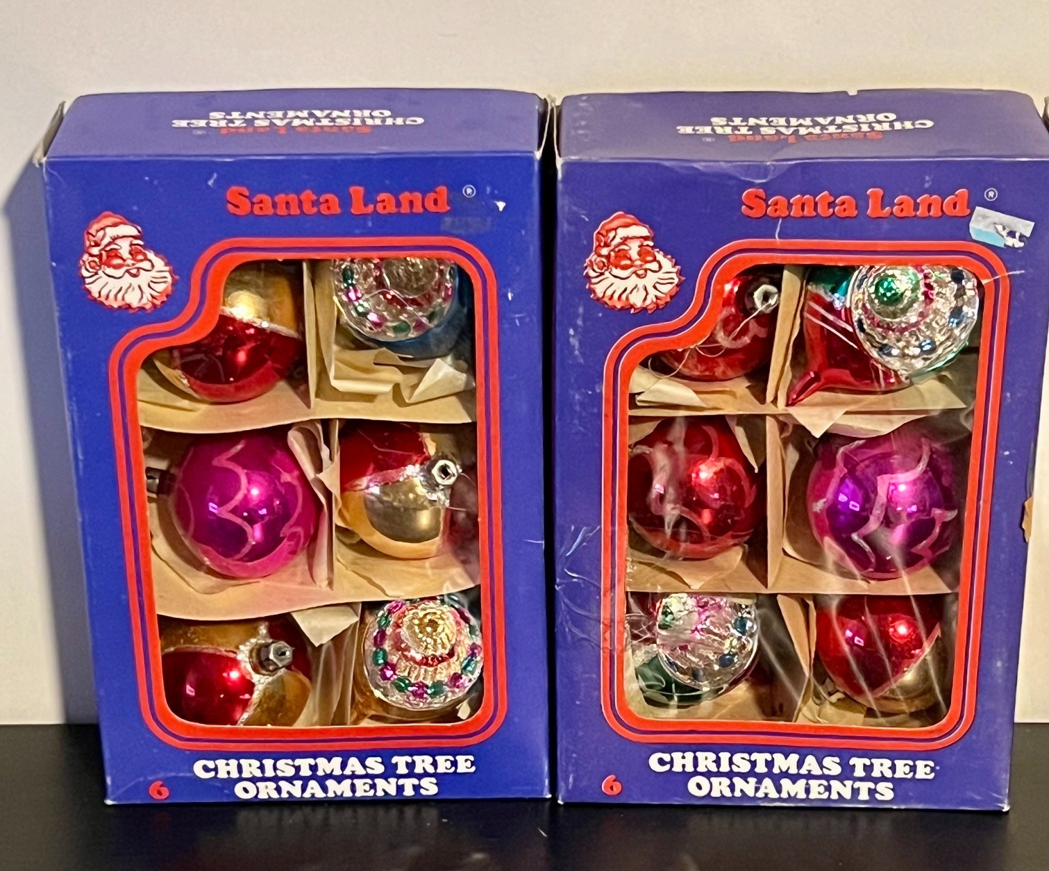 2 Orig Boxes ~ 12 Vintage Santa Land Glass Christmas Indent / Round Ornaments