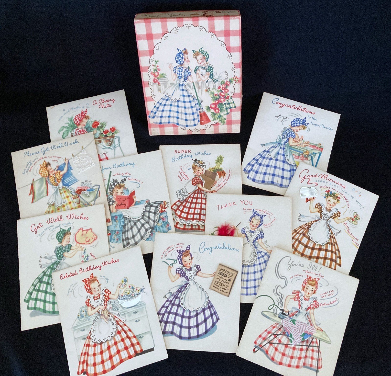 Vintage 1940’s 11 Gingham Girl Greeting Cards w/ Box DOEHLA Very Rare Housewife