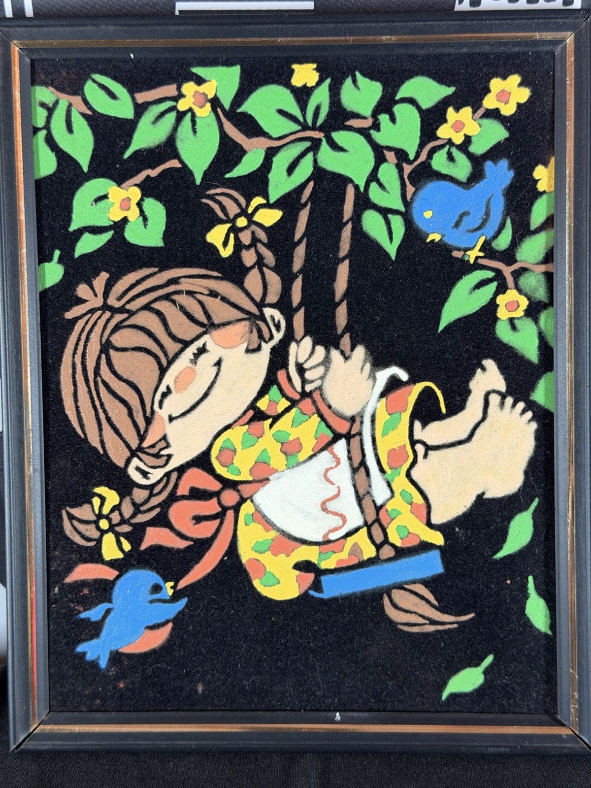 Vintage 1970s Flocked Velvet Art Boy Fishing Girl Swing Framed Pair Retro