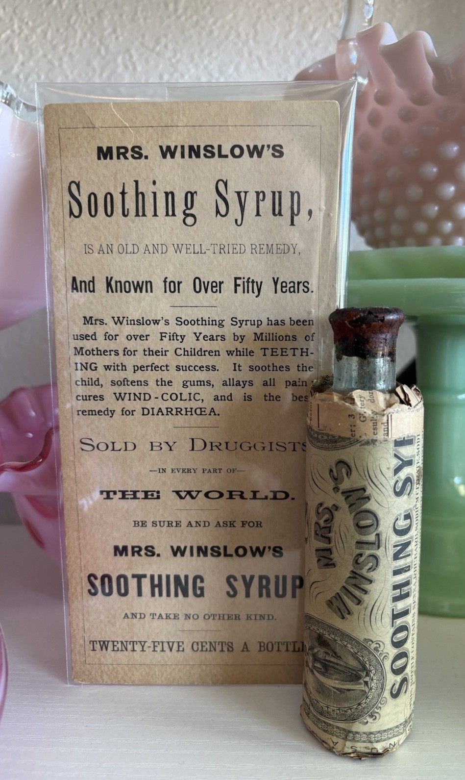 Antique Late 1800 SEALED Mrs Winslows Soothing Syrup Medicine Bottle w/ Orig. AD