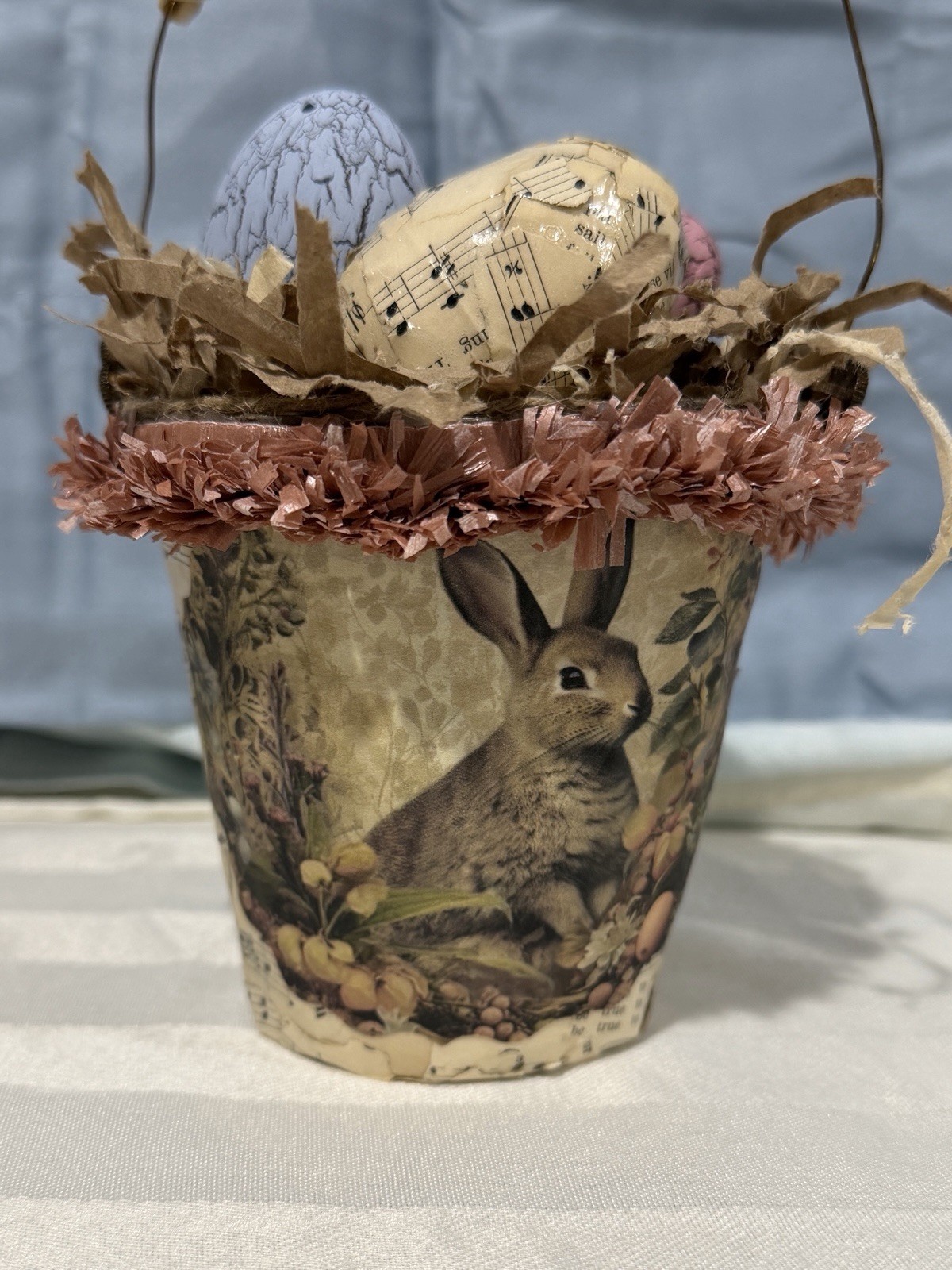 Vintage Paper Mache Easter Bunny Rabbit Candy Basket Bucket Pail
