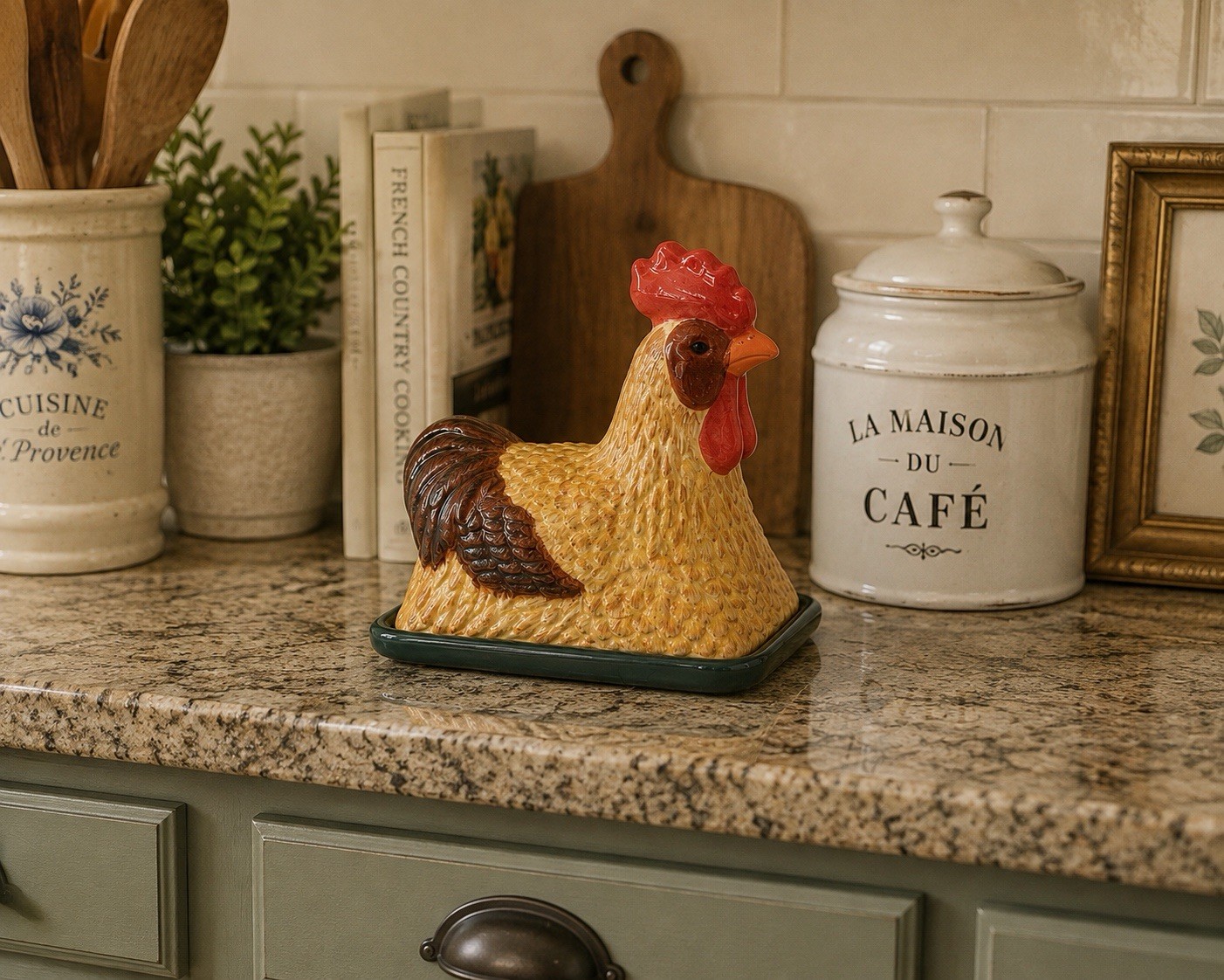 Vintage Style-Eyes Baum Bro Red Check Rooster 1/4 Lb Covered Butter Dish Figural