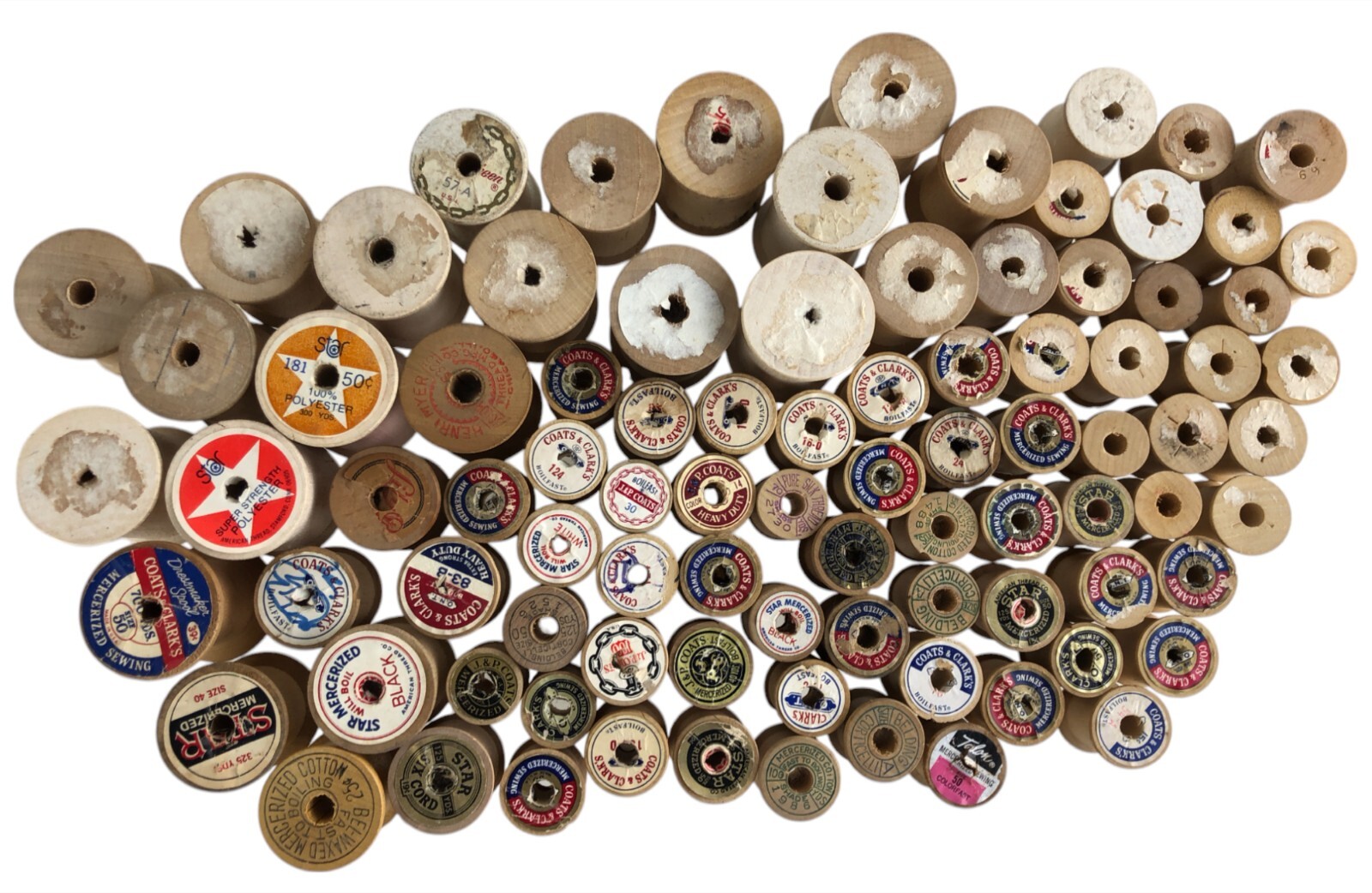 Lot of 90 Antique Wooden Empty Thread Spools Coats Belding Star Salvage