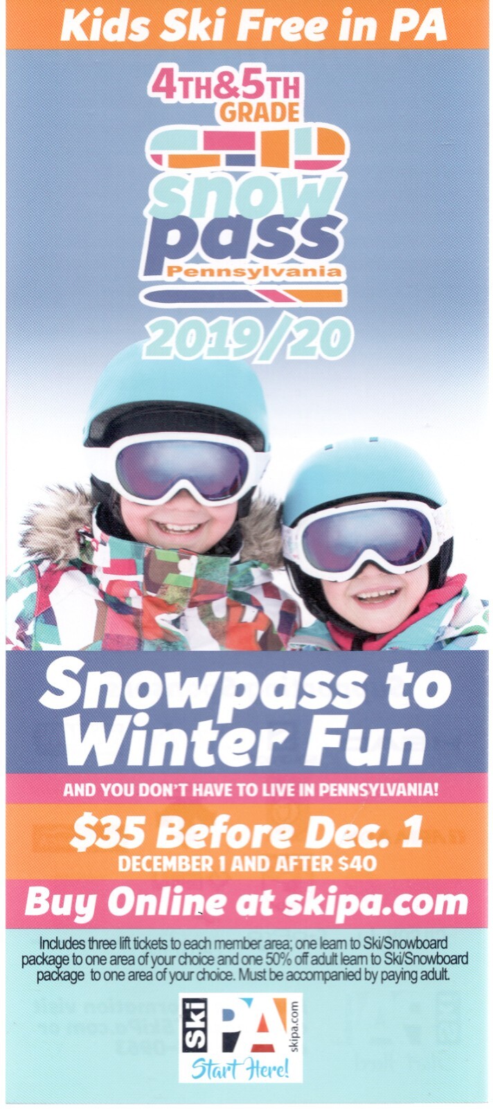 Travel Rack Card Kids Ski Free in PA 4th & 5th Grade 2019 Snowpass to Winter Fun