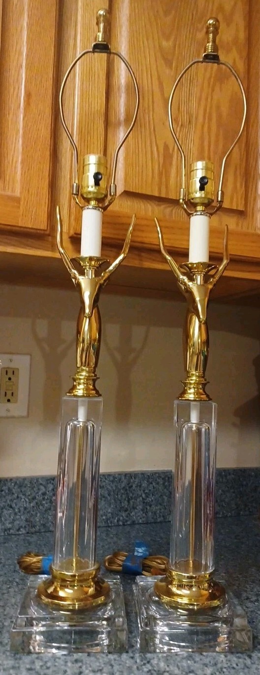 Vintage MCM Brass & Glass Hollywood Regency Gazelle Antelope Lamps