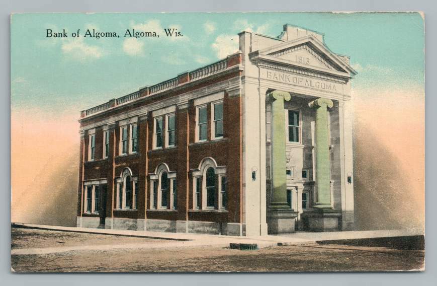 Bank of ALGOMA Wisconsin Antique Postcard Kewaunee County Postcard 1932
