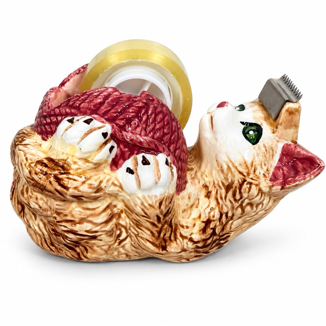 Vintage J.S.N.Y. Ceramic Cat Tape Dispenser Kitty Yarn Ball Desk Office Kitsch