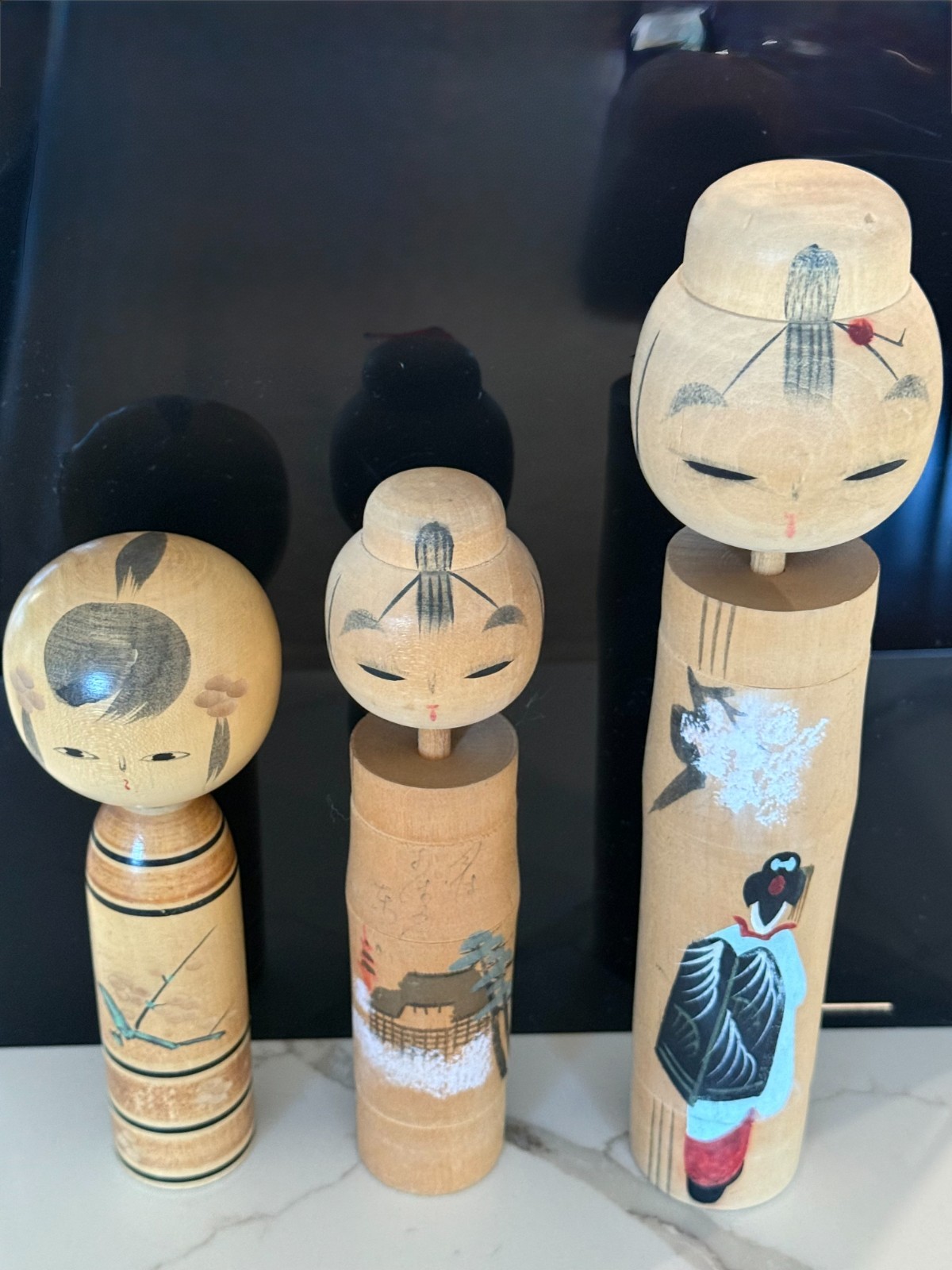Japanese Wooden Kokeshi Dolls Vintage set of 3 with markings on bottom Cute